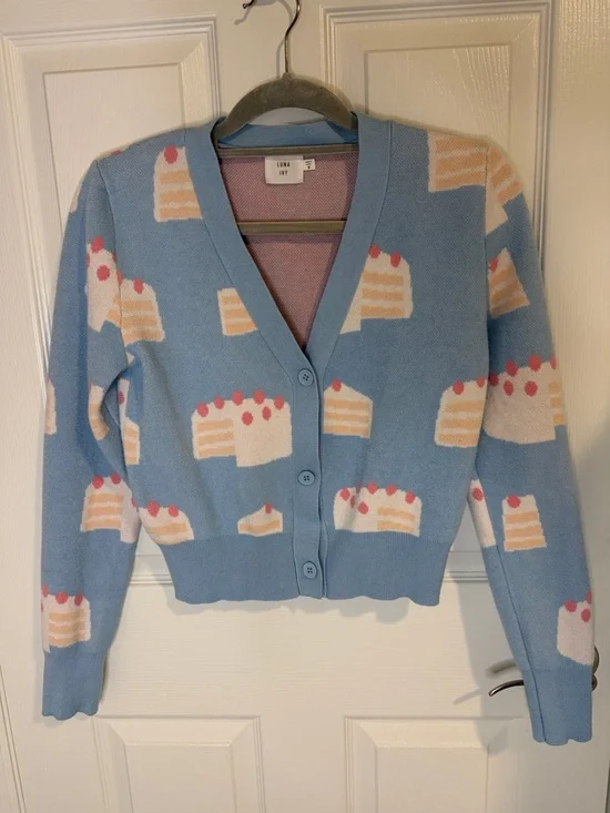 Luna Joy Blue Cake Print V-Neck Cardigan - Picture 1 of 6